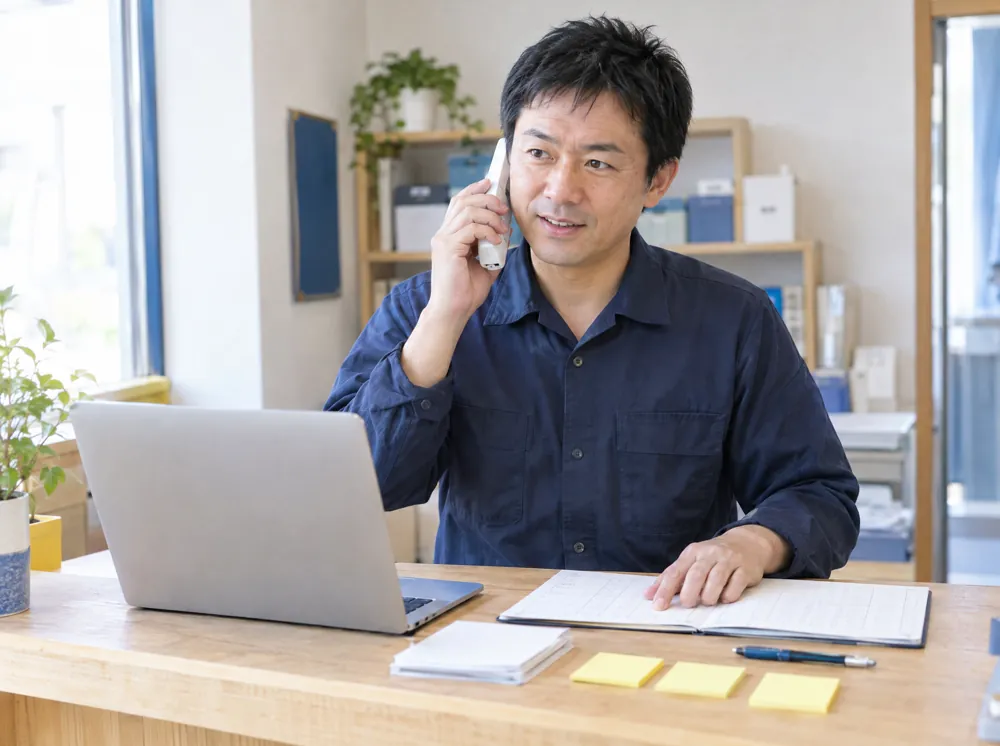 小さな店の受付で、電話をしながら予約表を確かめる店長のイメージ