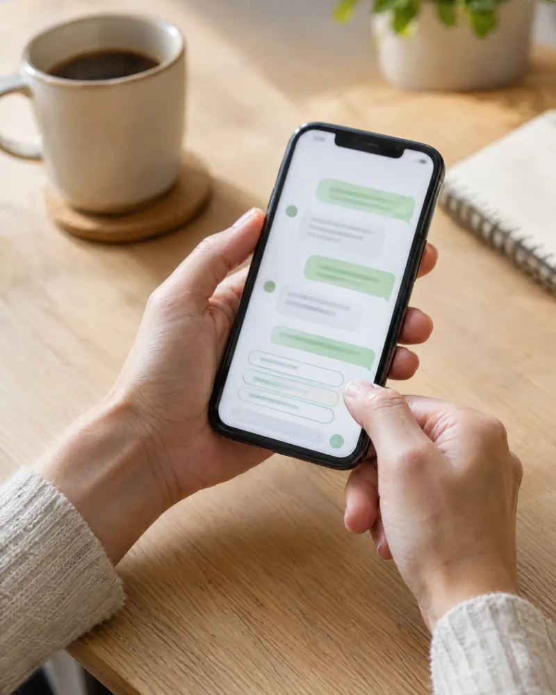 スマホのLINEで、ボタンを選んで答えている手元のイメージ