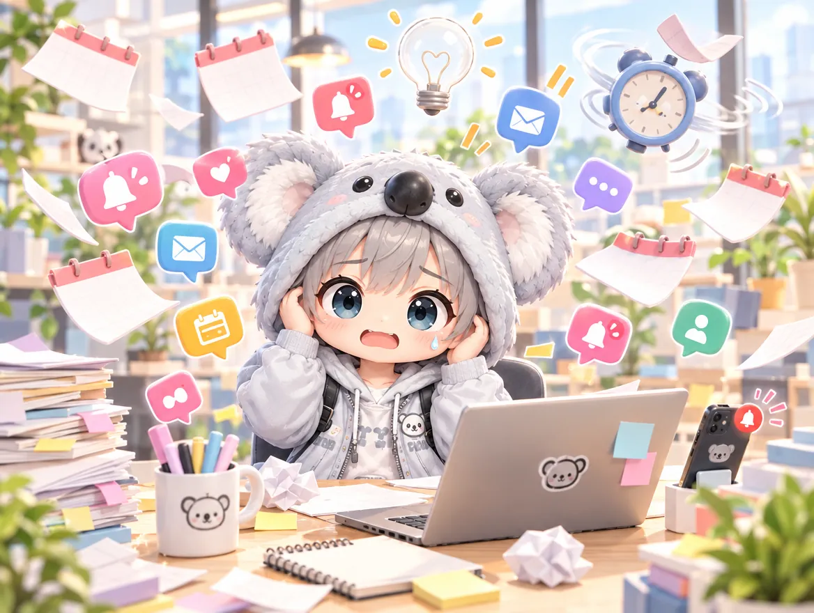 通知や予定に追われて困っているAI社員の絵