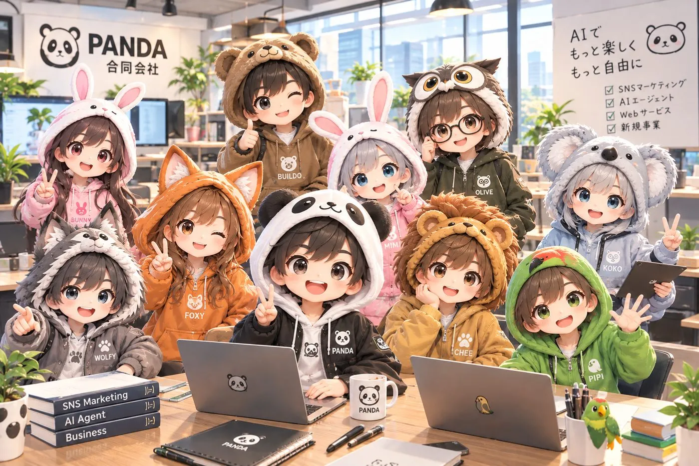 PANDAのAI社員10人の集合イラスト