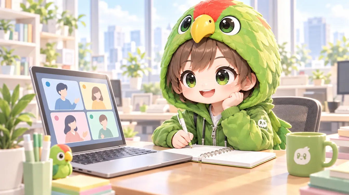 PIPIがパソコンで解説動画を見ながらメモを取っている絵