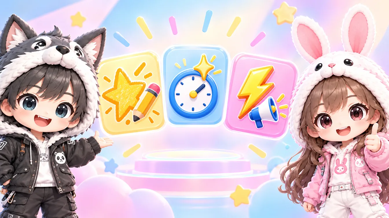 WOLFYとBUNNYが、オリジナル・新しさ・速報性を表す3つのアイコンを紹介している絵
