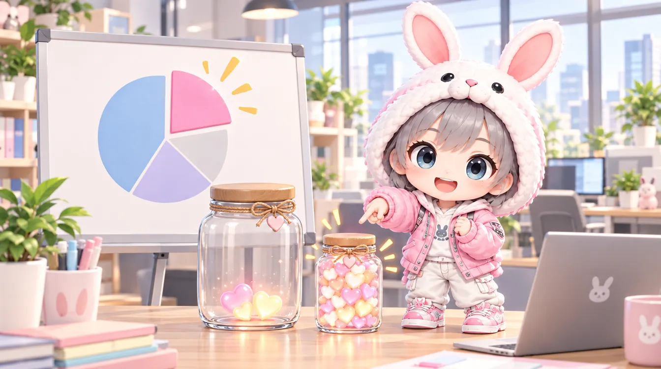 MIMIが円グラフと2つのビンで「合計より割合」を説明している絵