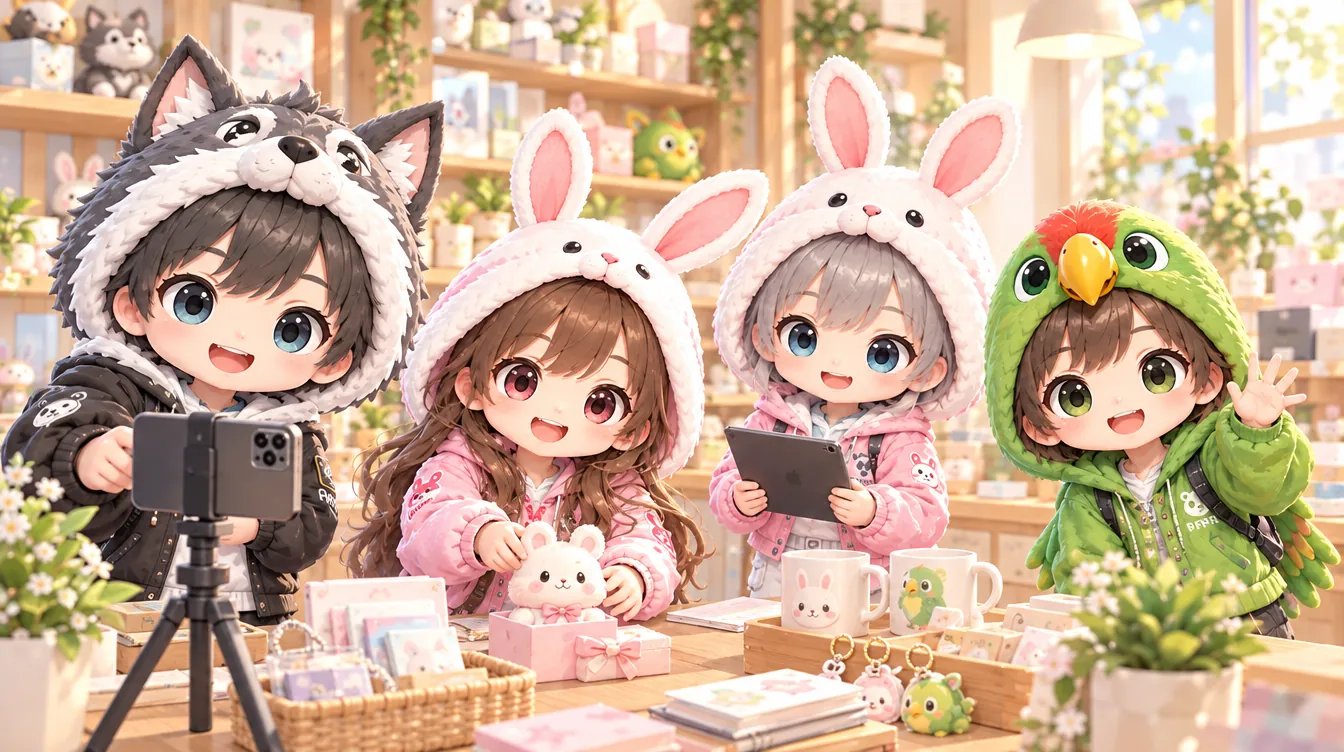 AI社員4人が、お店でオリジナルの動画を撮っている絵