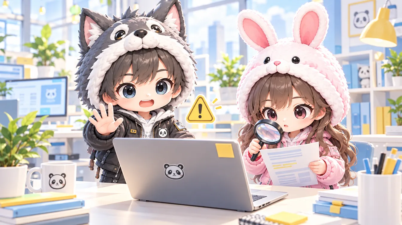 自動で送られそうな投稿を、WOLFYが止めてBUNNYが確認している絵