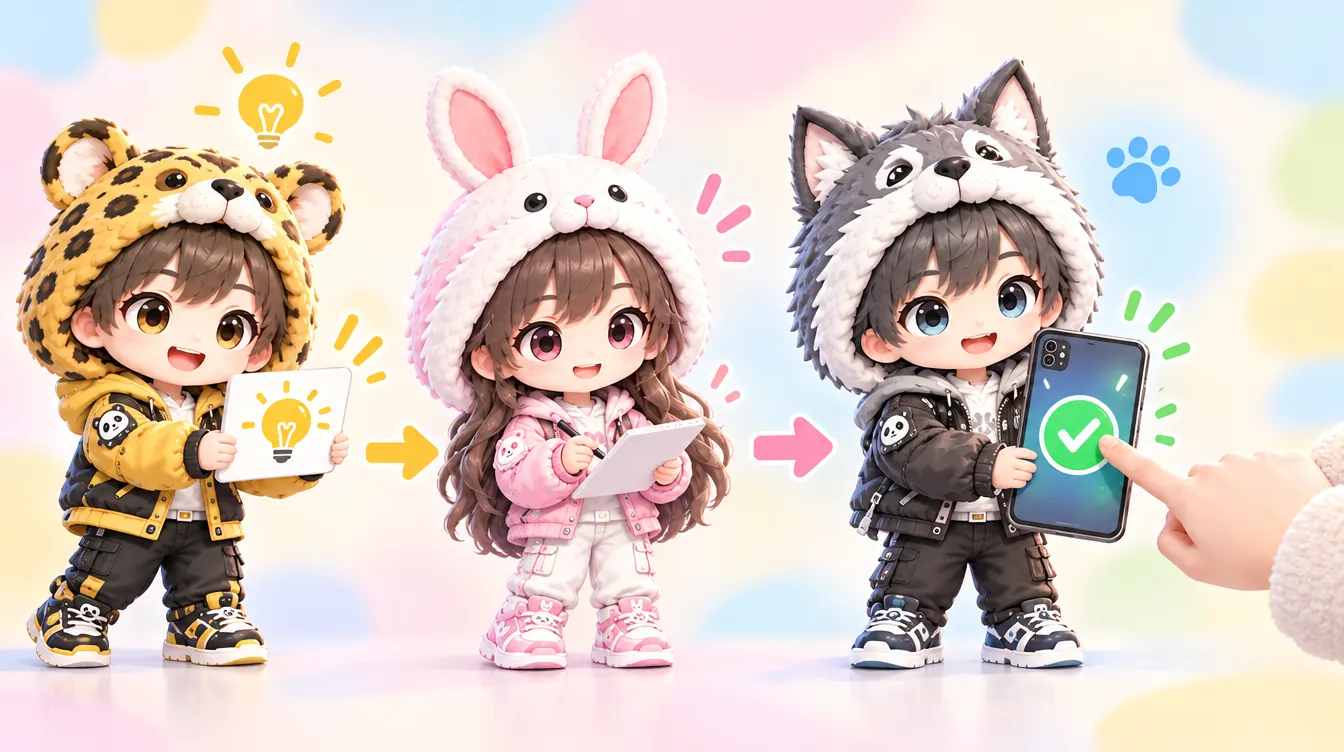 CHEE、BUNNY、WOLFYが仕事をリレーし、最後に人がスマホのチェックボタンを押す絵