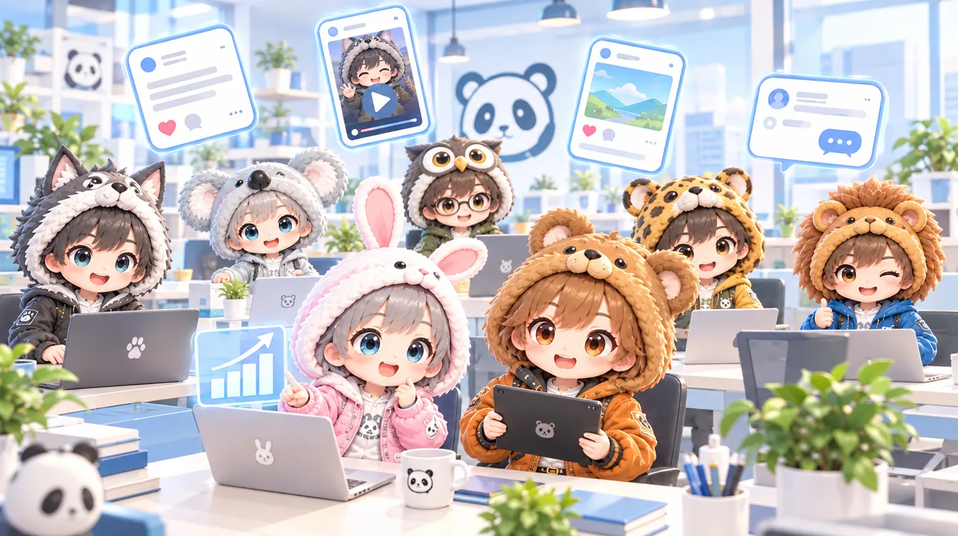 AI社員たちが、いろいろな種類の投稿を同時に準備しているオフィスの絵
