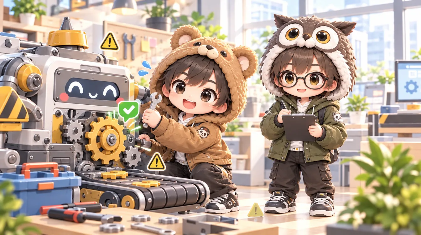 BUILDOが機械を直し、OLIVEがメモを取っている絵