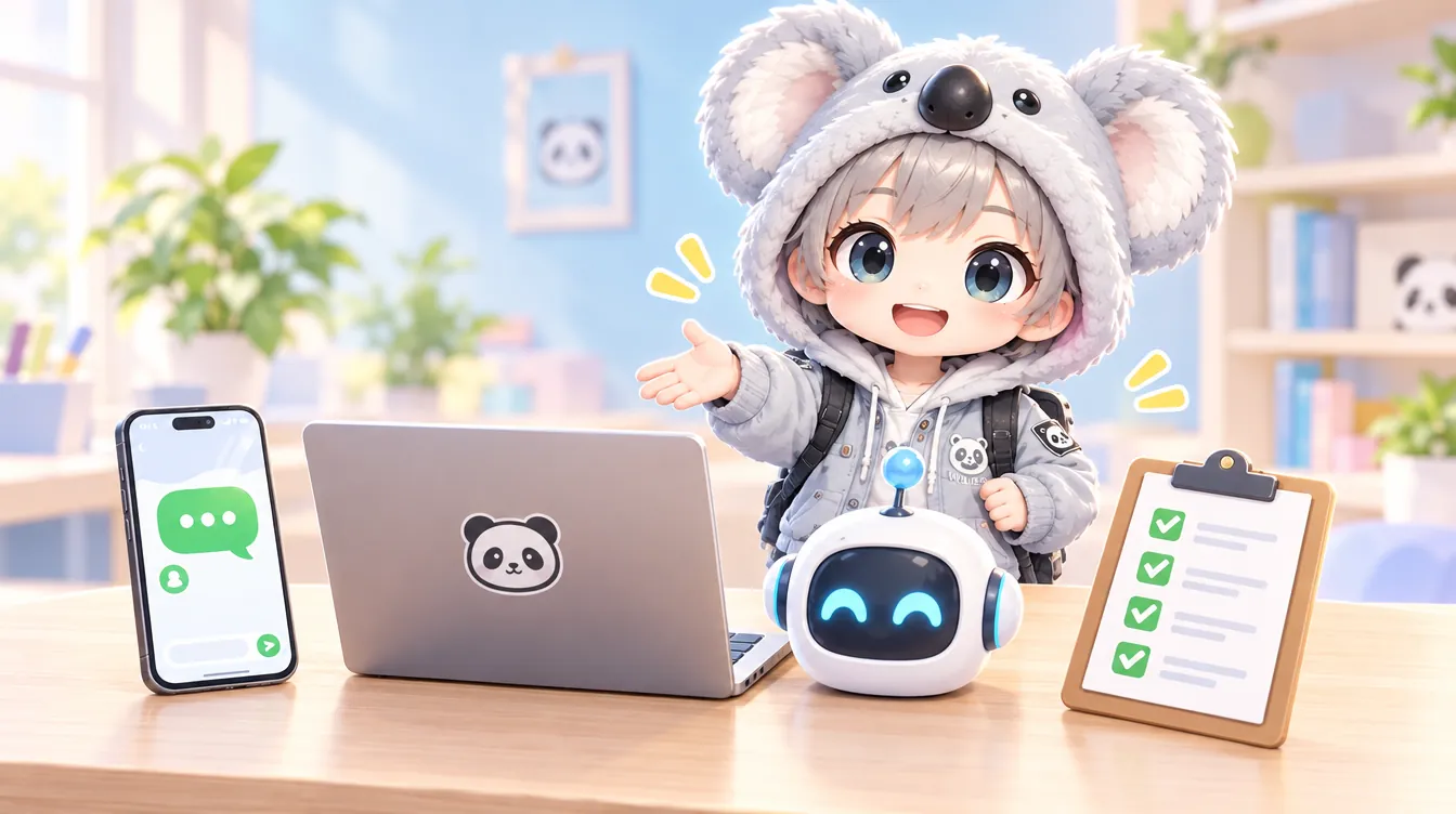 スマホ、パソコン、AI、チェックリストが机に並び、KOKOが紹介している絵